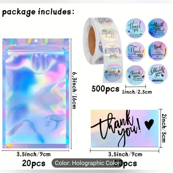 Holographic Bags, Cards And Thank You Stickers Set. 570 Count Total - Picture 2 of 3